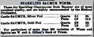 Gilbey's ad for Sparkling Saumur, Burnley Gazette, 1876